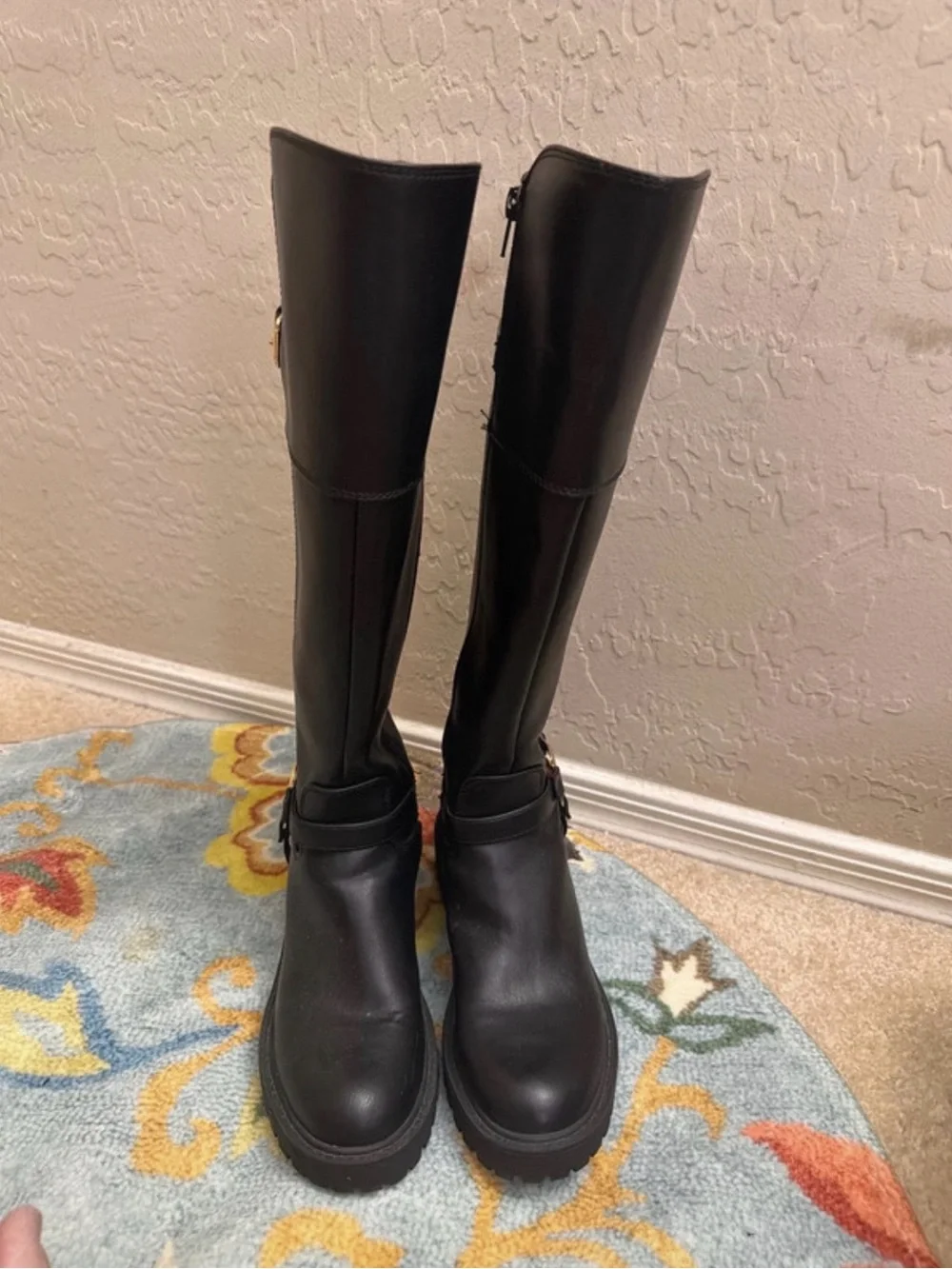 GBG Los Angeles Black Tall Riding Boots with Gold Buckle